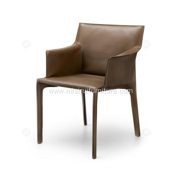Italian minimalist brown saddle leather armrest chairs